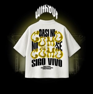 dorada_Mesa de trabajo 1 Camiseta Oversize Tren a vapor Dorada blanca